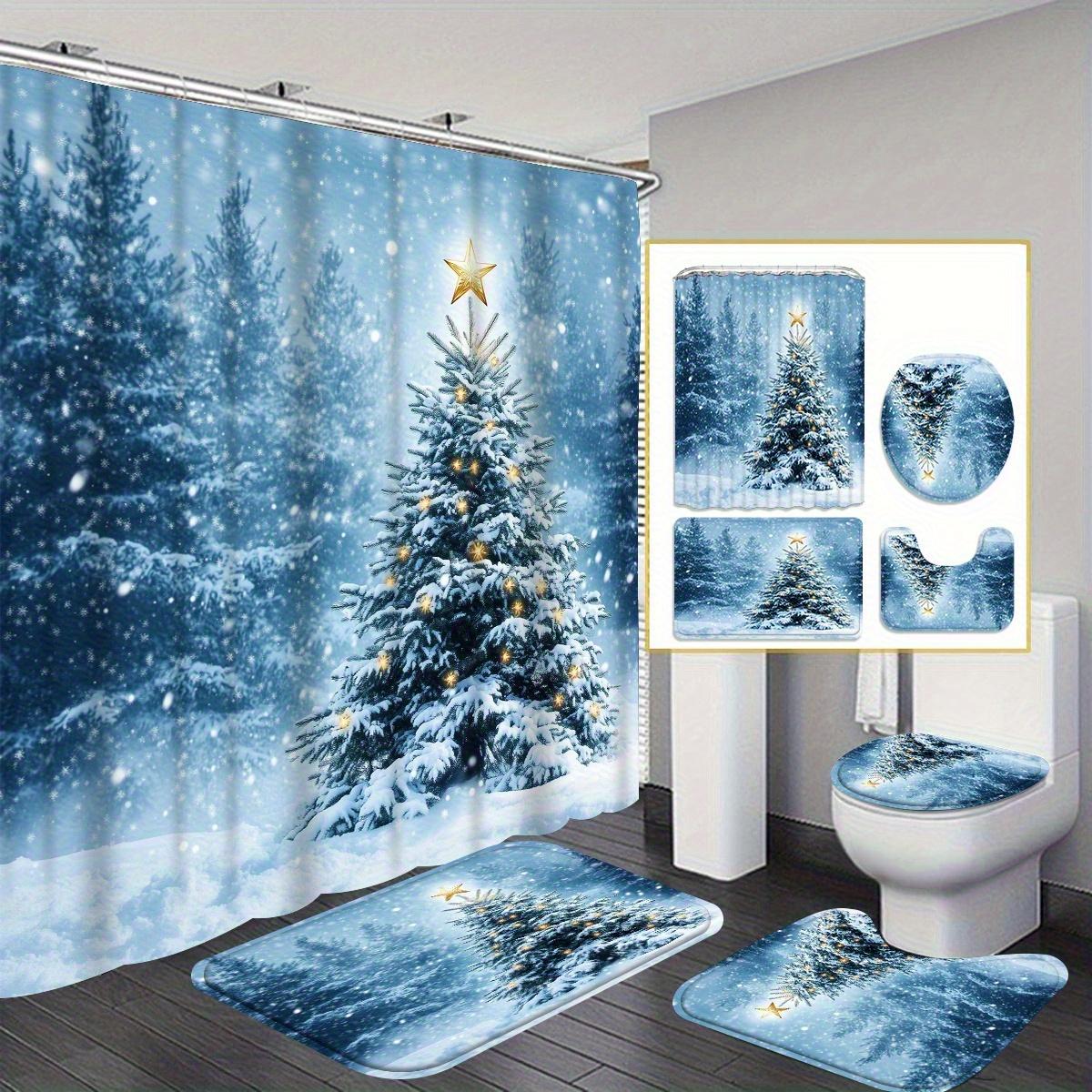 

Набор из 4 предметов: Занавеска для душа для ванной комнаты, Рождественская сцена, Зимний узор, Занавеска для ванной комнаты с 12 крючками, Нескользящие коврики, Коврик для крышки унитаза, Перегородка для ванной комнаты 4PC