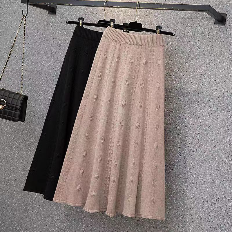 High Waist Jacquard Women's Autumn Winter Knitted Midi Half Skirt A-Line Umbrella Skirt Elegant Wool Long Skirt to Match Sweaters