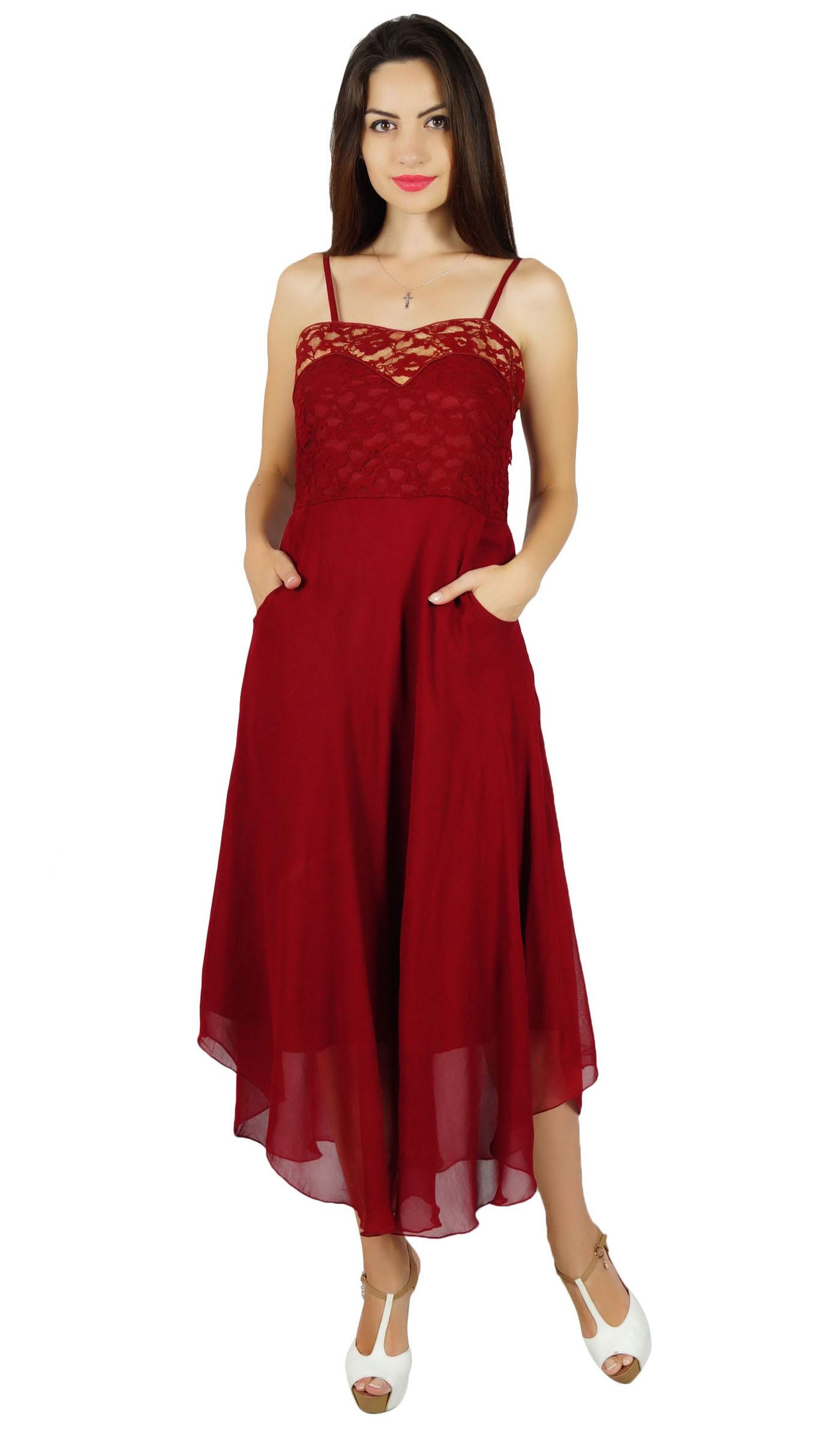 

Bimba Womens Georgette Dress Sheer Shaghetti Strap Prom Dresses With Pockets 8 малиновий