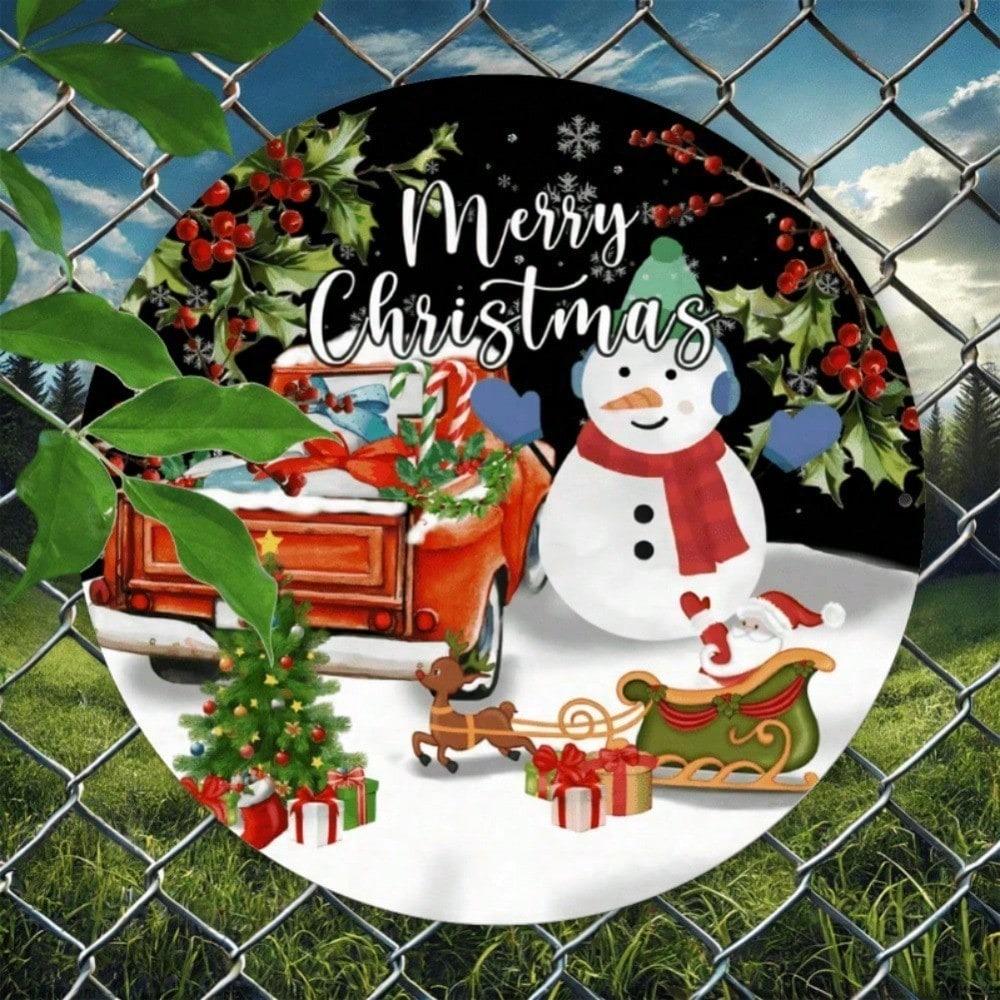 Merry Christmas Snowman Round Tin Sign 7.8 Inch Rustic Metal Wall Decor Pine Branches