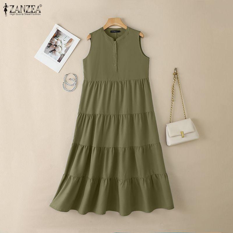 ZANZEA Women Casual Stand Collar Loose Summer Sleeveless Dress