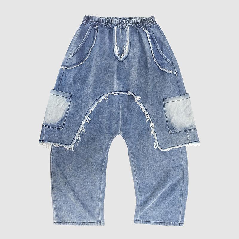 Women's Elastic Waist Loose Harem Denim Jogger Pants Frayed Ripped Patchwork Non Stretch Regular Weight Fall Street Punk Style Cropped Trouser