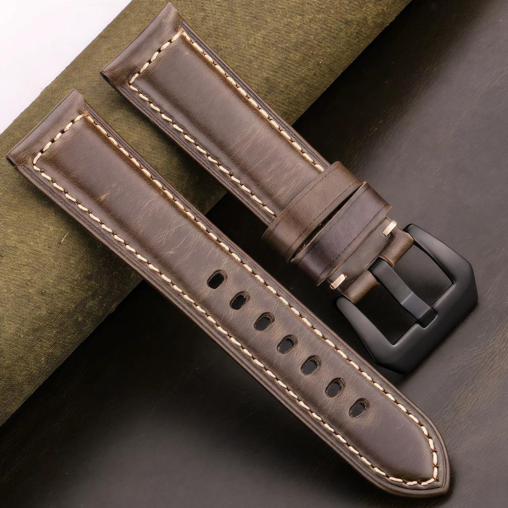 20mm 22mm 24mm 26mm First Layer Oil Wax Cowhide Padded Leather Watch Strap Screw-in Stainless Buckle Vintage Style Band