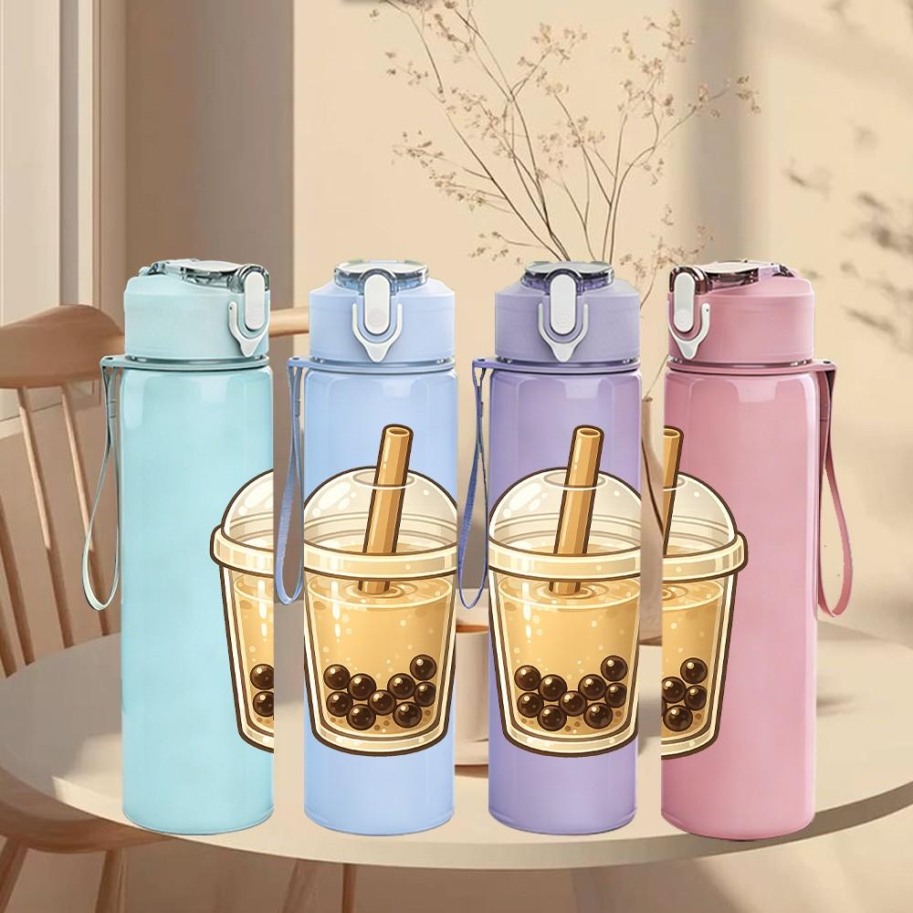 1PC Iced Coffee Drink Cup Art Print 750ml Color Plastic Sports Water Bottle Leakproof Flip Straw Lid Suitable for Sports Office Home Use
