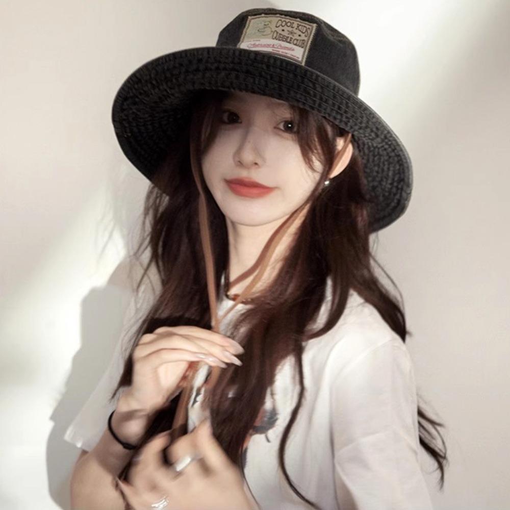 With Drawstring Women Denim Bucket Hat Windproof Western Cowboy Hats Hot Big Brim Sun Hat  Summer