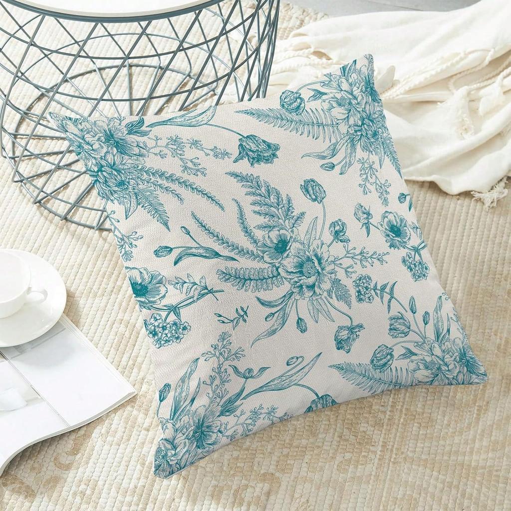 1Pc Teal Botanical Floral Pillow Cover, Polyester Double-Sided Print, Vintage Flower & Fern Design, Nature-Inspired Home Decor G
