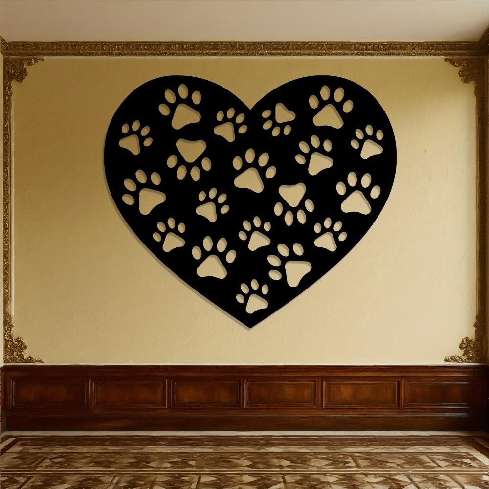 Paw Print Heart Metal Wall Art, Wrought Iron Black White Pet Decor Hanging Sign for Dog Owner Gift, Outdoor Durable, Easy Mounting Hardware Included