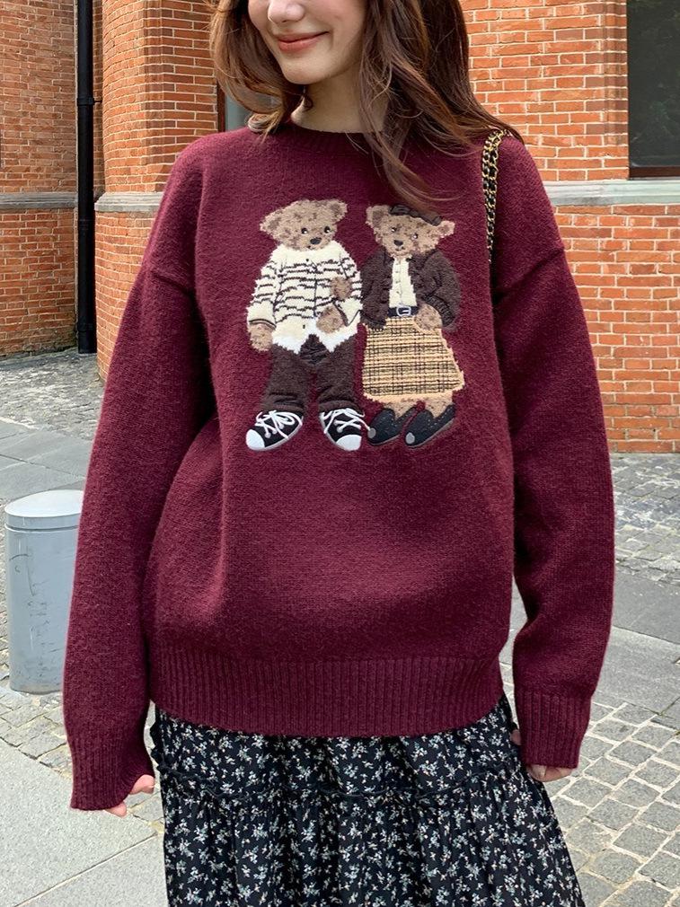 Retro Cartoon Bear Jacquard Knit Sweater - Autumn Loose Fit for Women, Korean Style 2025