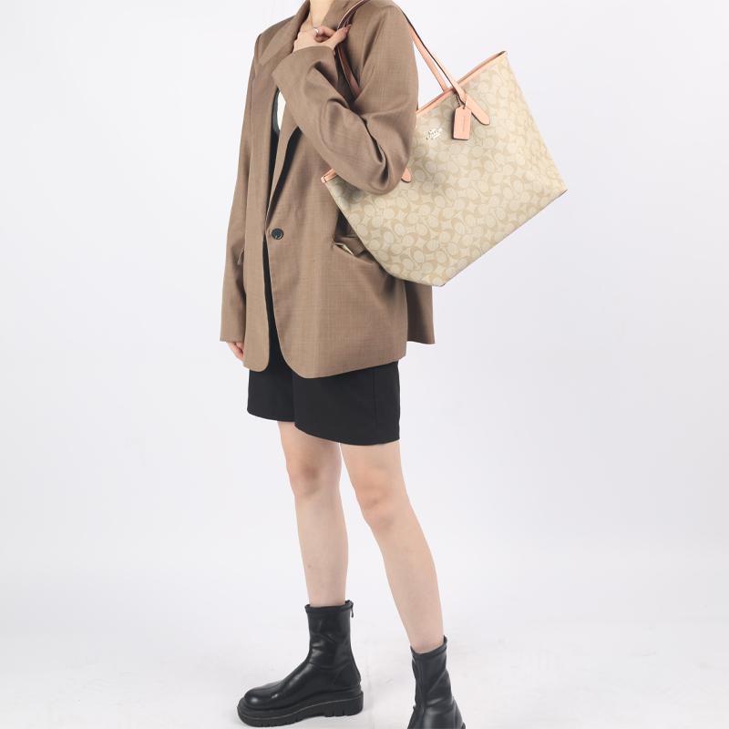 New COACH City Canvas With Smooth Leather Tote Bag Shopping Bag Handbag Shoulder Bag Large Size Women's Khaki 5696-IMTYF
