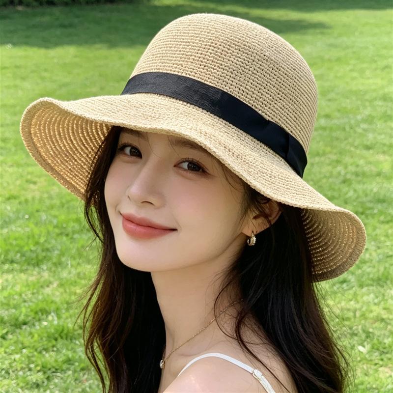 Fine woven Lafite straw hat women's sunshade sunscreen bucket hat seaside sun hat children's UV protection brim sun hat