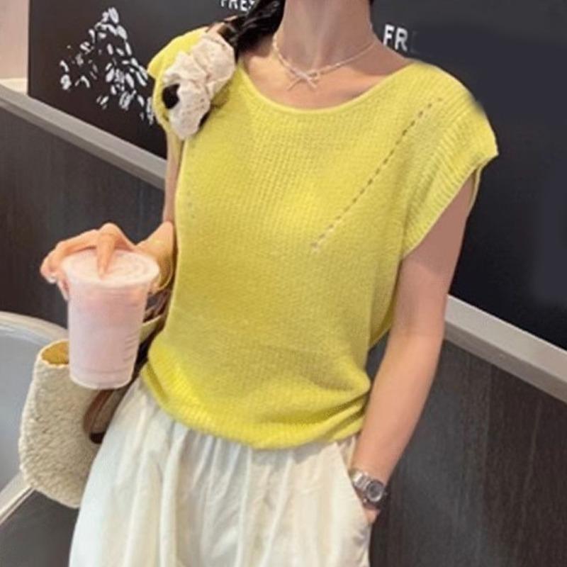 Fashion Summer Thin Ice Silk Women Knitted Sweater Short Sleeved Women's T-shirt O Neck Casual Simple Office Slim Fit Lace-up Elegant Hollow Out Top