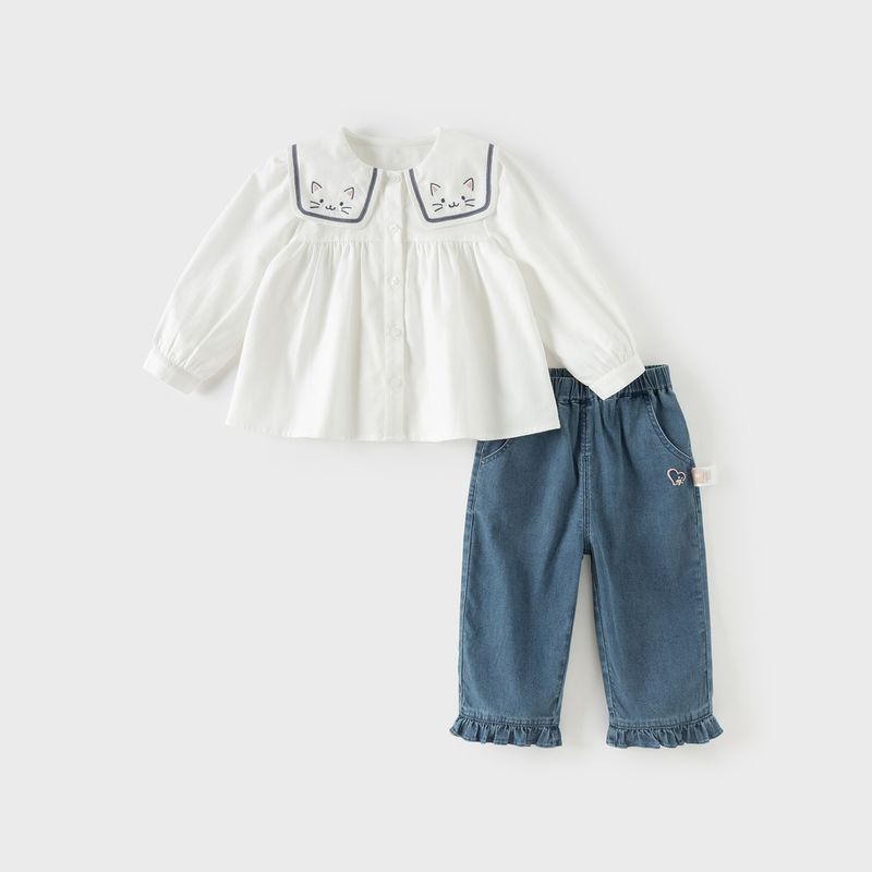 David Bella Children s Cropped Pants Set 2026 Spring New Style Girls  Academy Style Shirt and Jeans for Baby Girls Frost White [Ready in Stock] 90