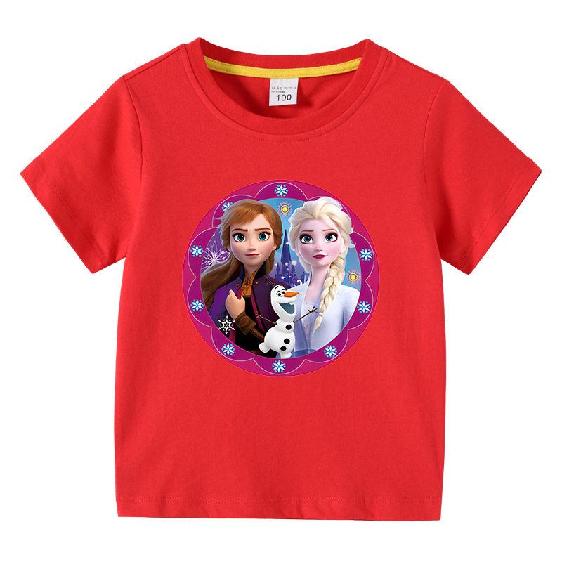 2026 Children's T-shirt Cute Disney Elsa Princess Cartoon Print Pure Cotton Breathable Round Neck Short Sleeve