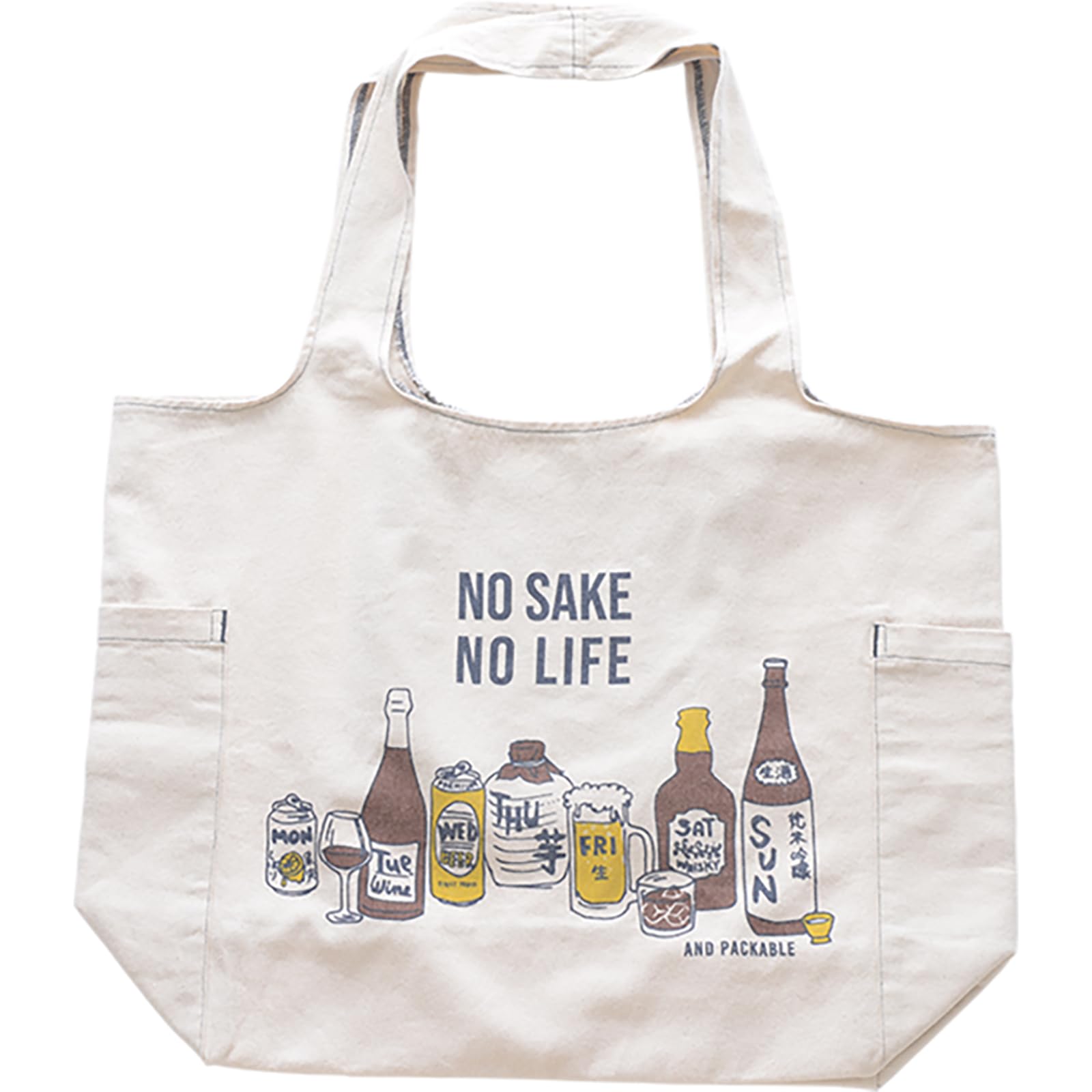 

AND PACKABLE Twill Marche Tote Bag, Eco Bag, Large, Sub-Bag, Shoulder Bag, Shopping Bag, Approx. 48 x 36 x 14 cm, NO SAKE NO LIFE, White, 68078