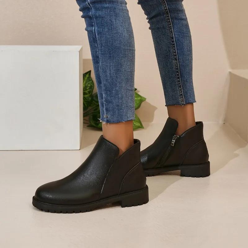 Women's Shoes 2024 High Quality Zipper Women's Boots Autumn Round Toe Solid Short Barrel Low-heeled Large Size Naked Boots