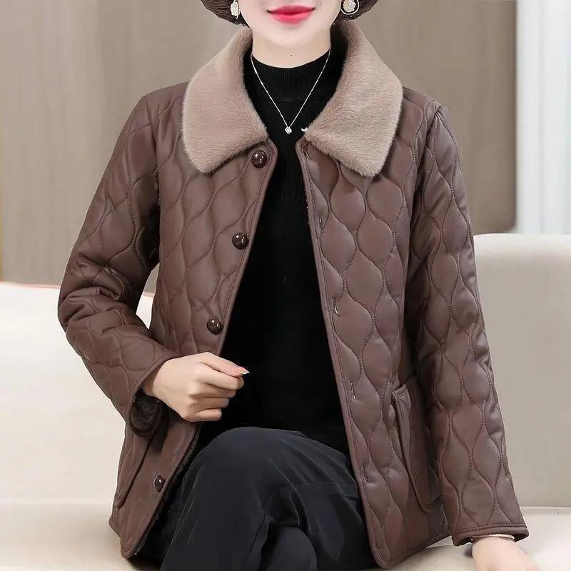 Mid-Aged & Elderly Women's Thick Velvet PU Leather Winter Coat - Warm, Stylish Cotton-Padded Jacket