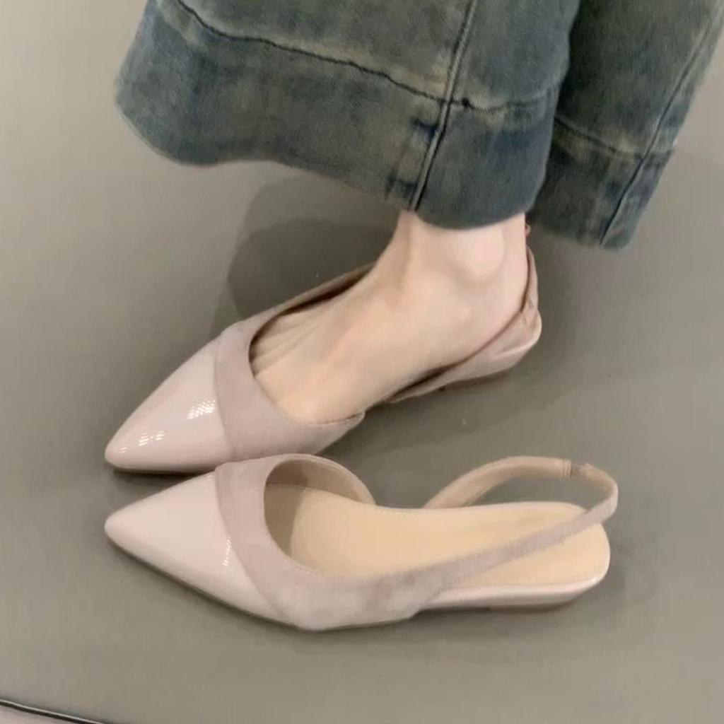 Soft leather version~ French gentle wind nude wedge heel single shoes pointed head light mouth commuting temperament empty bag head sandals women