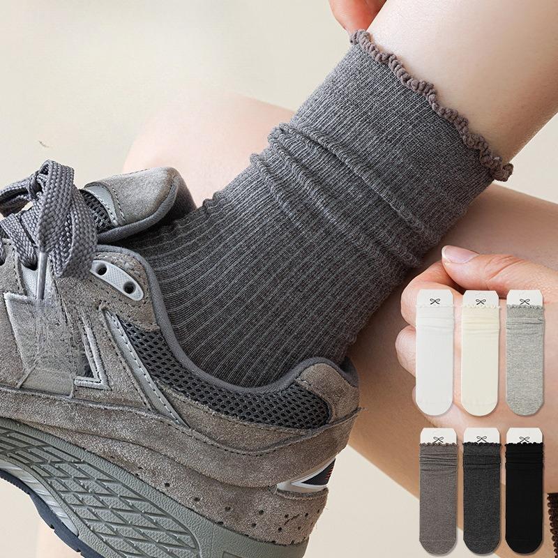 Women's Mid-calf Socks, Boneless Pile Socks, Black Ear-trimmed Solid-color Cotton Socks, Sweat-absorbing and Breathable Long Socks