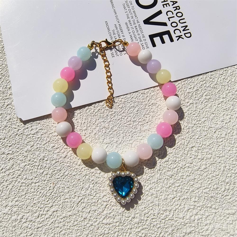 Personalized cat and dog pet handmade necklace collar beaded rhinestone heart cute pearl pendant accessories princess style