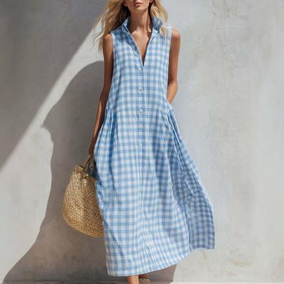 Women's Collar Sleeveless Loose Straight Waist Gingham Plaid Button Front Maxi Dress Beach Vacation Sundress