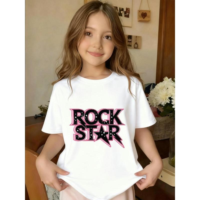 Girls Crewneck Short Sleeve Tee, Rock Star Color Contrast Print 110 белый
