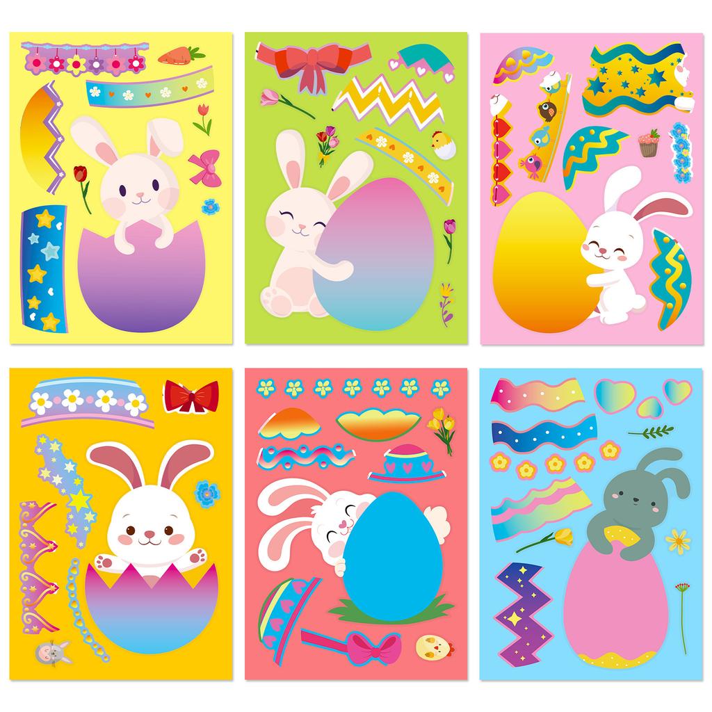 6 Photos/pack of Rabbit Egg DIY Stickers Cartoon Cute Style Puzzle Enlightenment Parent-child Interactive Puzzle Exchange