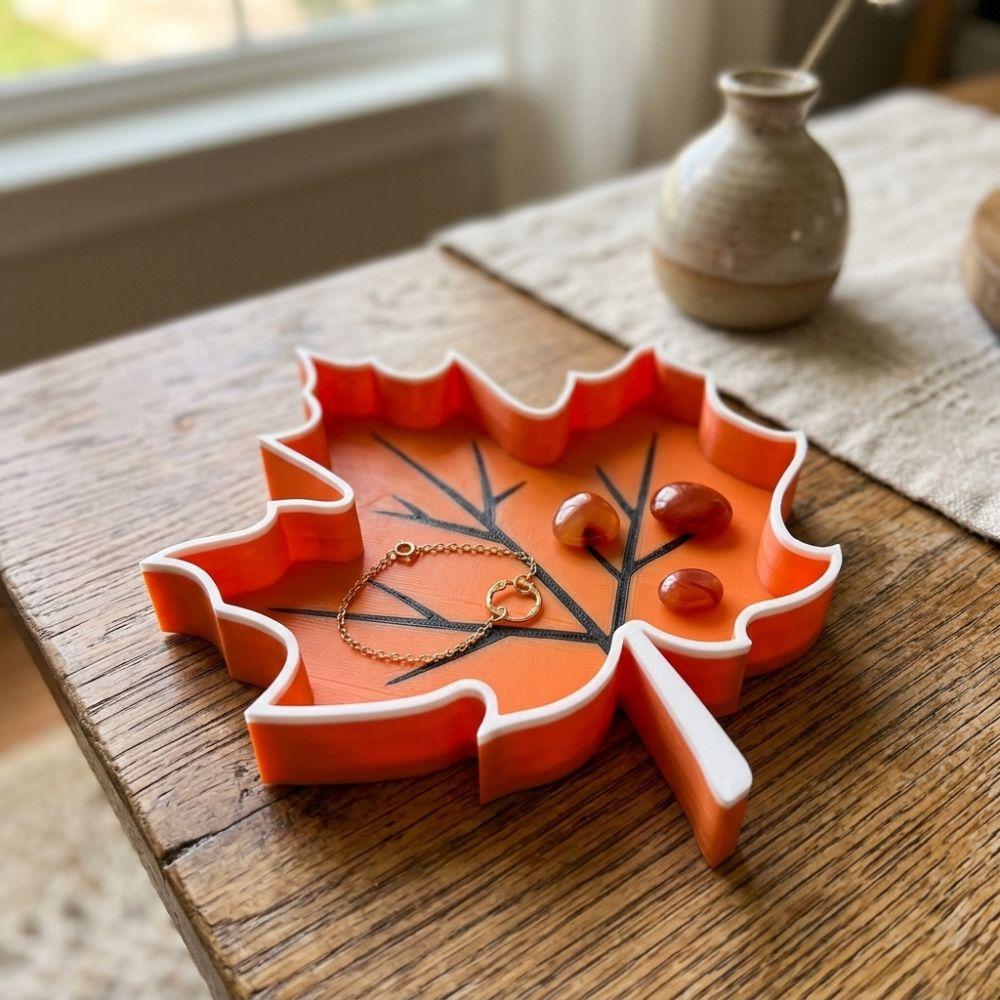 3D Printed Autumn Leaf Storage Tray Plastic Desktop Jewelry Holder Desk Decor