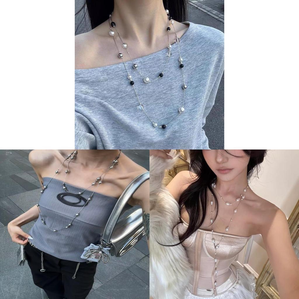 Long Starry Pearl Necklace For Women With Geometric Titanium Chain For Elegant Occasions