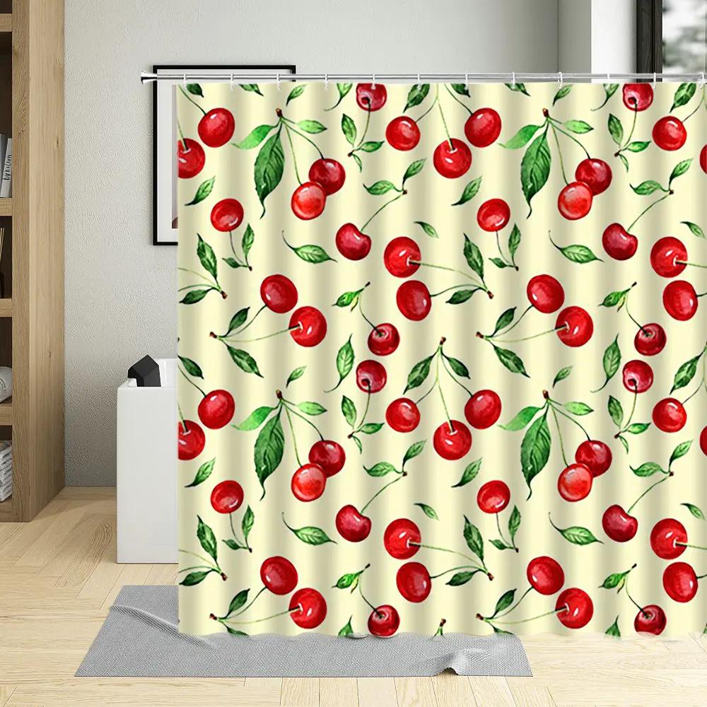 Cartoons Frucht Kirsche Duschvorhang Kirschen Grünes Blatt Druck Vorhänge Wasserdicht Polyester Badezimmerdeko Wanddekoration