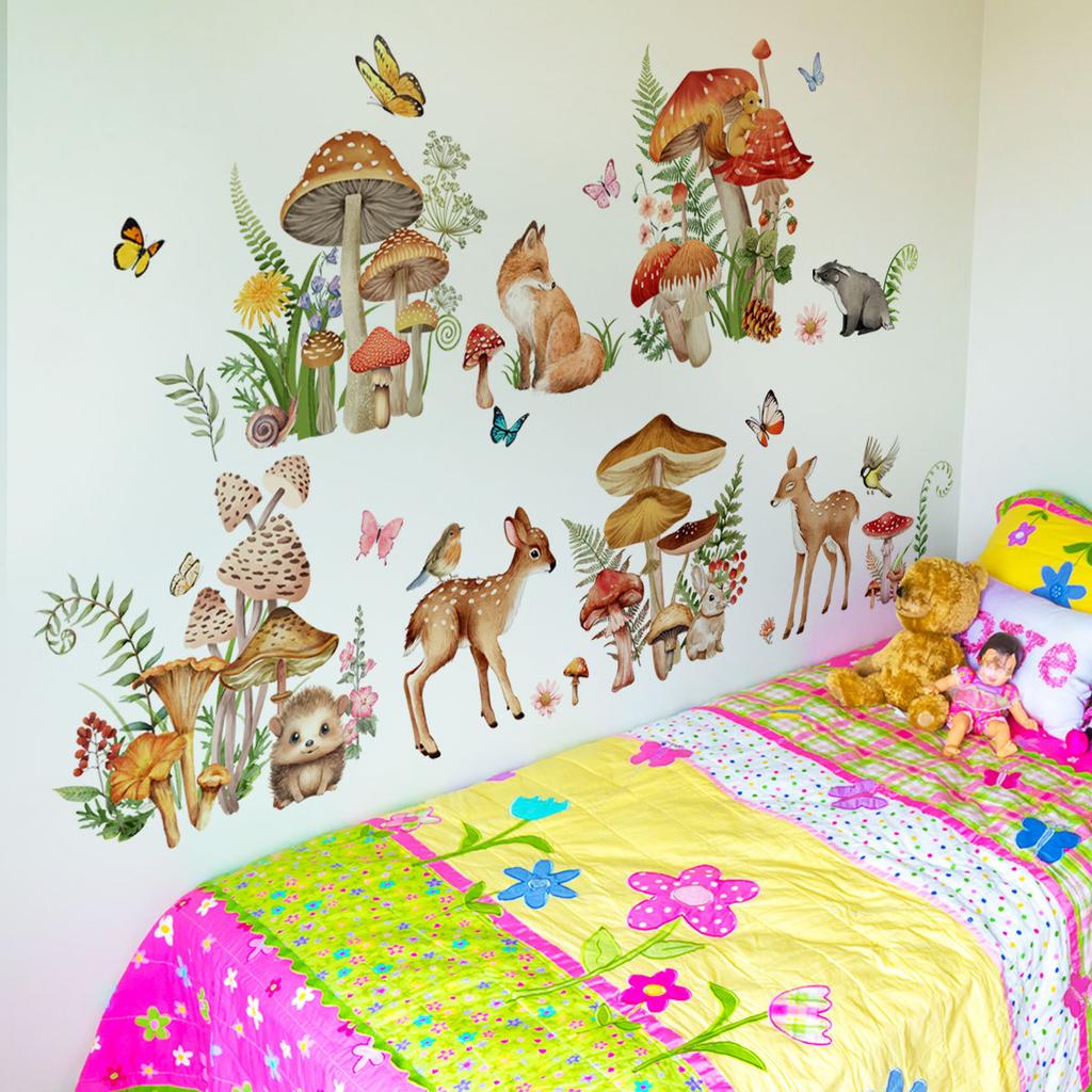 Cartoon Elk Deer Fox Mushroom Butterfly Wall Stickers for Kids Room Mural Art Decal Bedroom Deocration Animal Wallpaper
