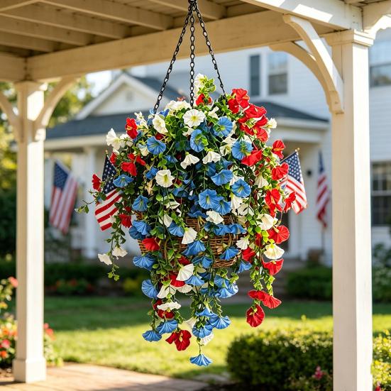 Yousheng Patriotic Hanging Flowers, Artificial Red White Blue Flowers Hanging Basket, Outdoor 4th of July Hanging Flower Basket for Porch Garden Decor