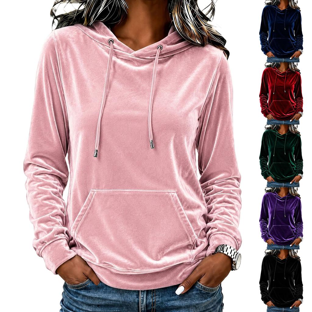 Women's Velvet Hoodie Long Sleeve Casual Pullover Sweatshirt in