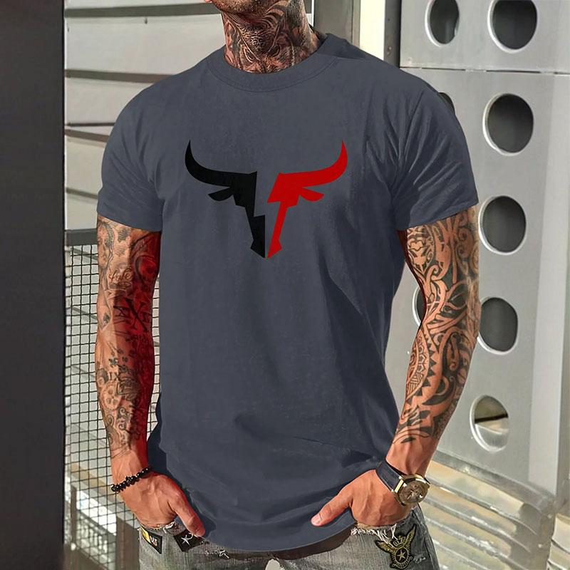 Fashion Cow Head Print Short-sleeved T-shirt New Men's Round Neck Fitness Sports Short-sleeved Tops Summer Simple Men's Clothing