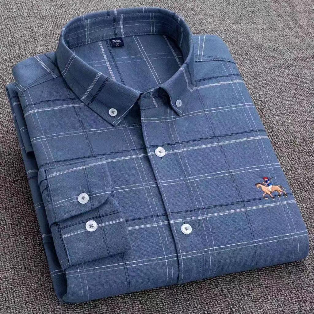 Men's Pure Cotton Embroidered Oxford Shirt - Long Sleeve, Solid Color, Spring/Autumn Business Casual