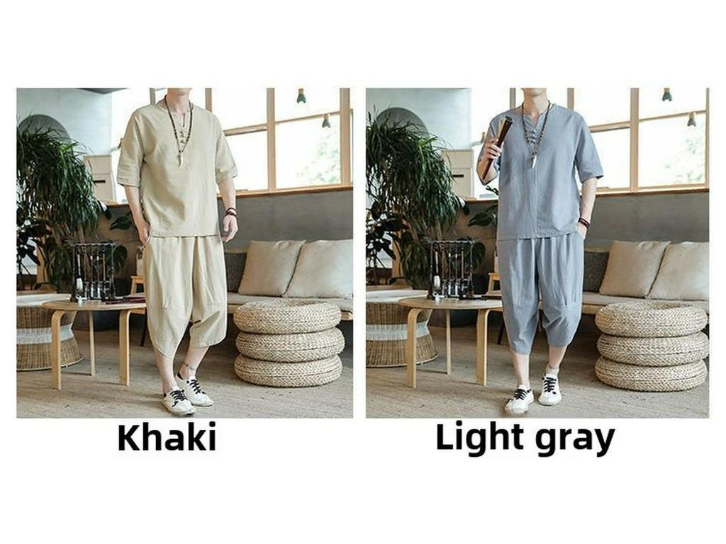 Herren Japanischer Retro Baumwoll-Leinen Zweiteiler: Kurzarmhemd & Cropped-Hose