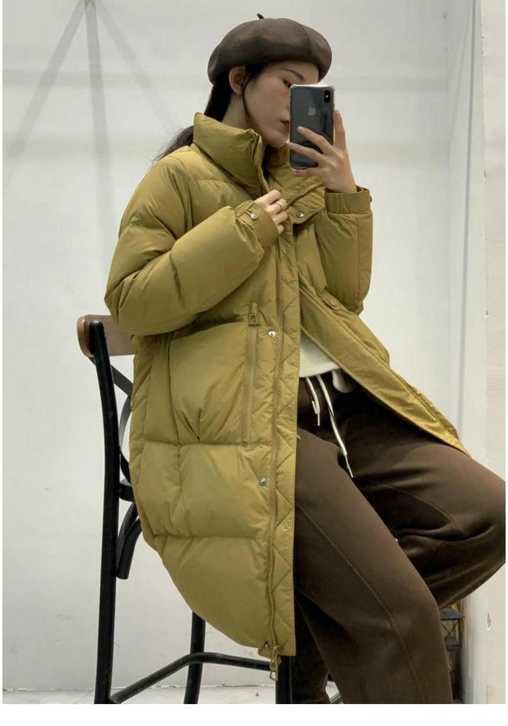 2024 Winter Korean Style Women's Stand Collar White Duck Down Mid-Length Jacket
