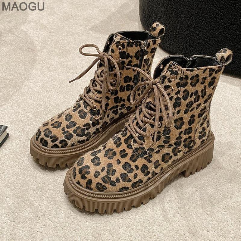Shoes for Women Fashion Lace-up Women's Boots Spring Autumn Round Toe Leopard Botines Size 35-40 Botas De Mujer
