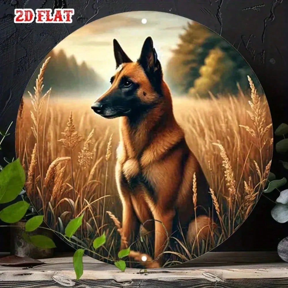 2D Flat Metal Round Wall Art Sign, Nature Landscape with Dog Art Print, Modern Home Cafe Decor, Scandinavian Style