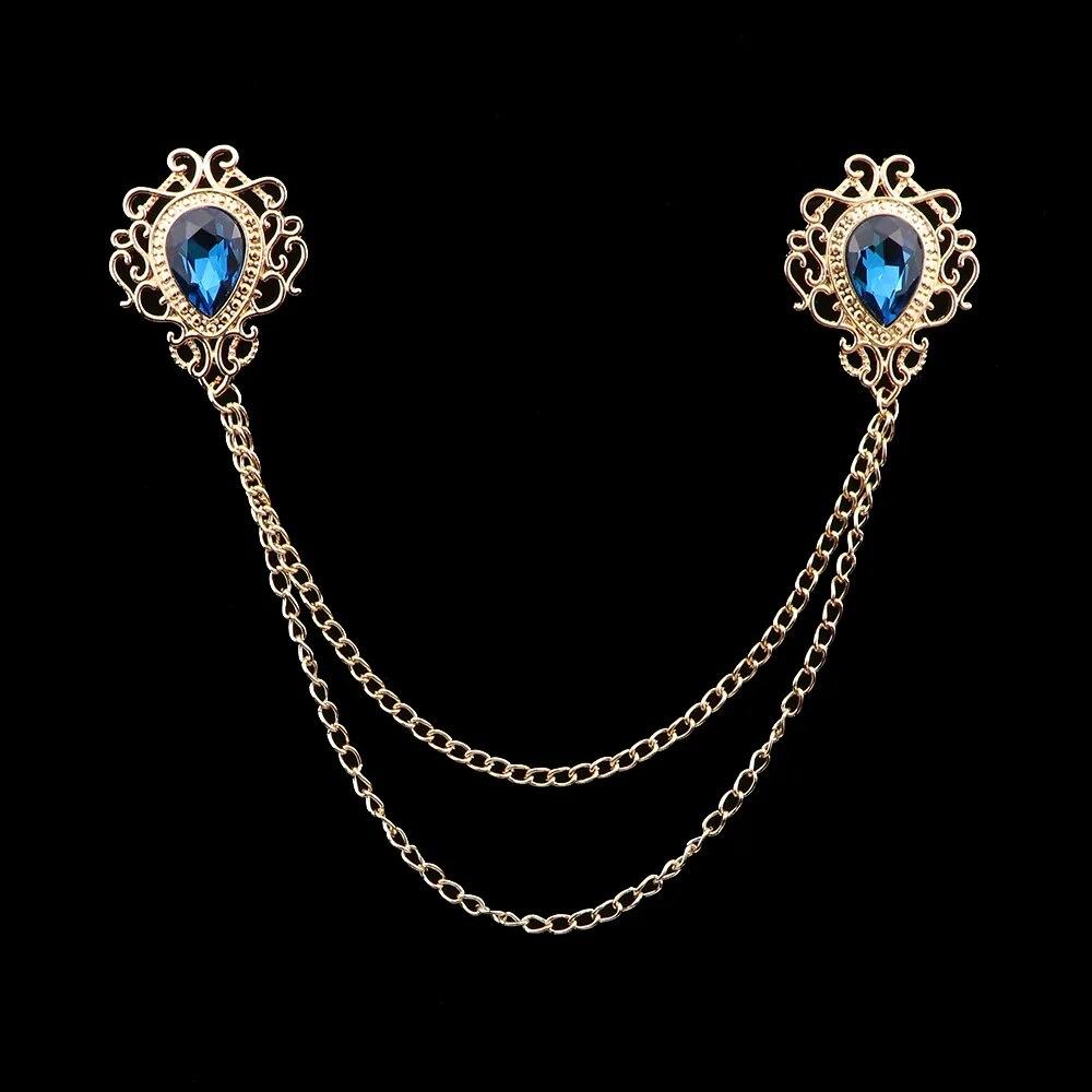 Retro Crystal Rhinestone Brooch, Suit Shirt, Tassel Chain, Lapel Pin, Women Men Jewelry, Alloy, Collar Brooch Pin
