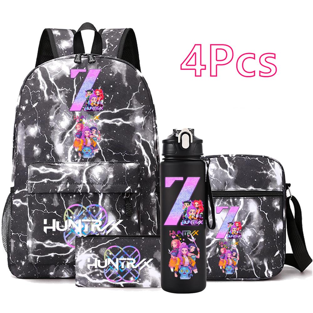 4 Stück/Set Cartoon Anime Aufdruck Rucksack Große Kapazität Schultasche Umhängetasche Tasche mit 750ml Wasserflaschenhalter Junge Mädchen Schultasche