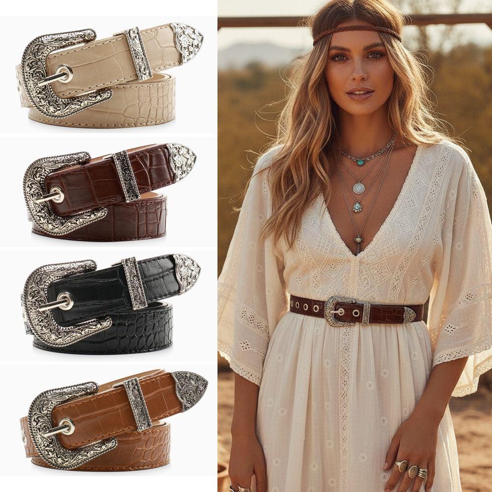 Girdle Retro Women's Belt Pin Buckle Embossed Belt Casual Carved Buckle Belt
