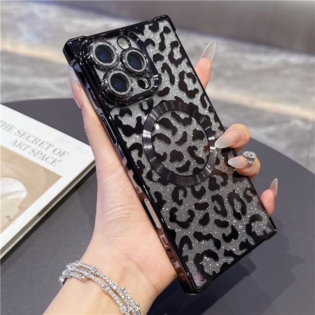 For For Iphone 16 Pro Max Magnetic Plating Frame Leopard Print Glitter Phone Case For For Iphone 13 14 15Plus 17Air Cover iPhone 16 Plus