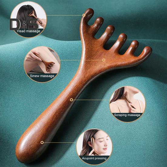 Pettine da Massaggio in Legno di Sandalo Manico Lungo Strumento per Massaggio Drenante Linfatico Tensione Muscolare Testa a Cinque Artigli Massaggio Punti di Agopuntura Strumento Gua Sha per Famiglia Anziani