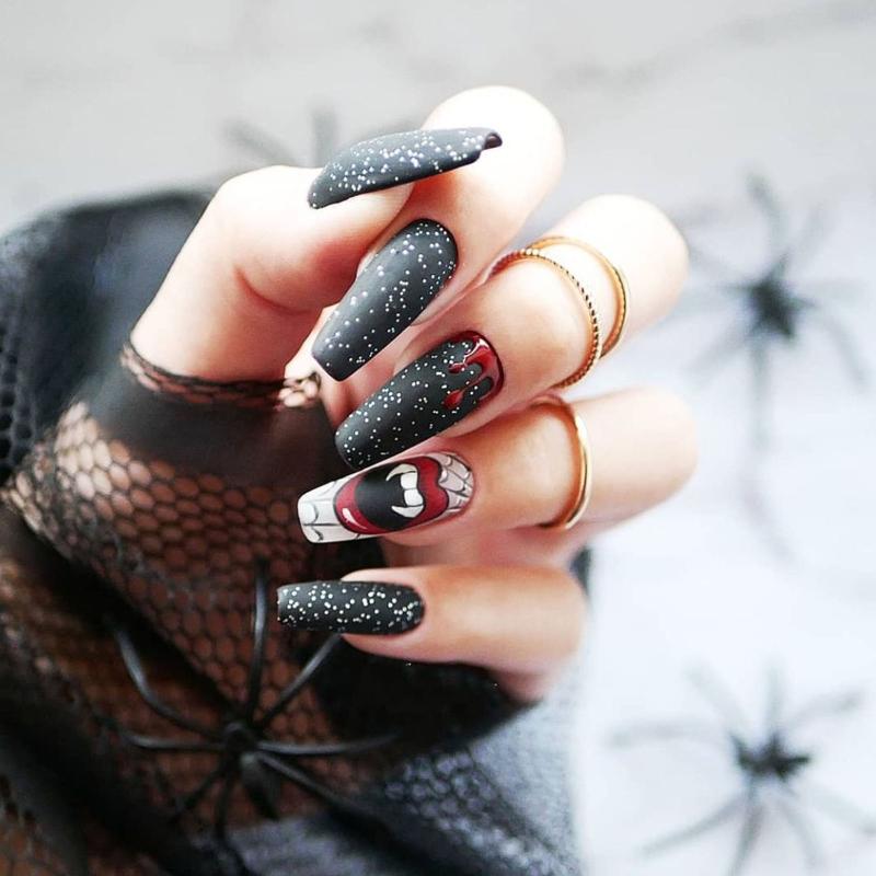 24Pcs Stiletto Fake Nails Coffin Nails Halloween False Nails Punk Full Cover Artificial Press On Nails for Women Girls