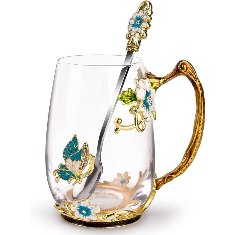 Glass Coffee Enamels Mug with Steel Spoon ,Best Birthday Valentines Gifts for Women,Enamel Flower Lead-free Glass Coffee Mugs Tea Cup