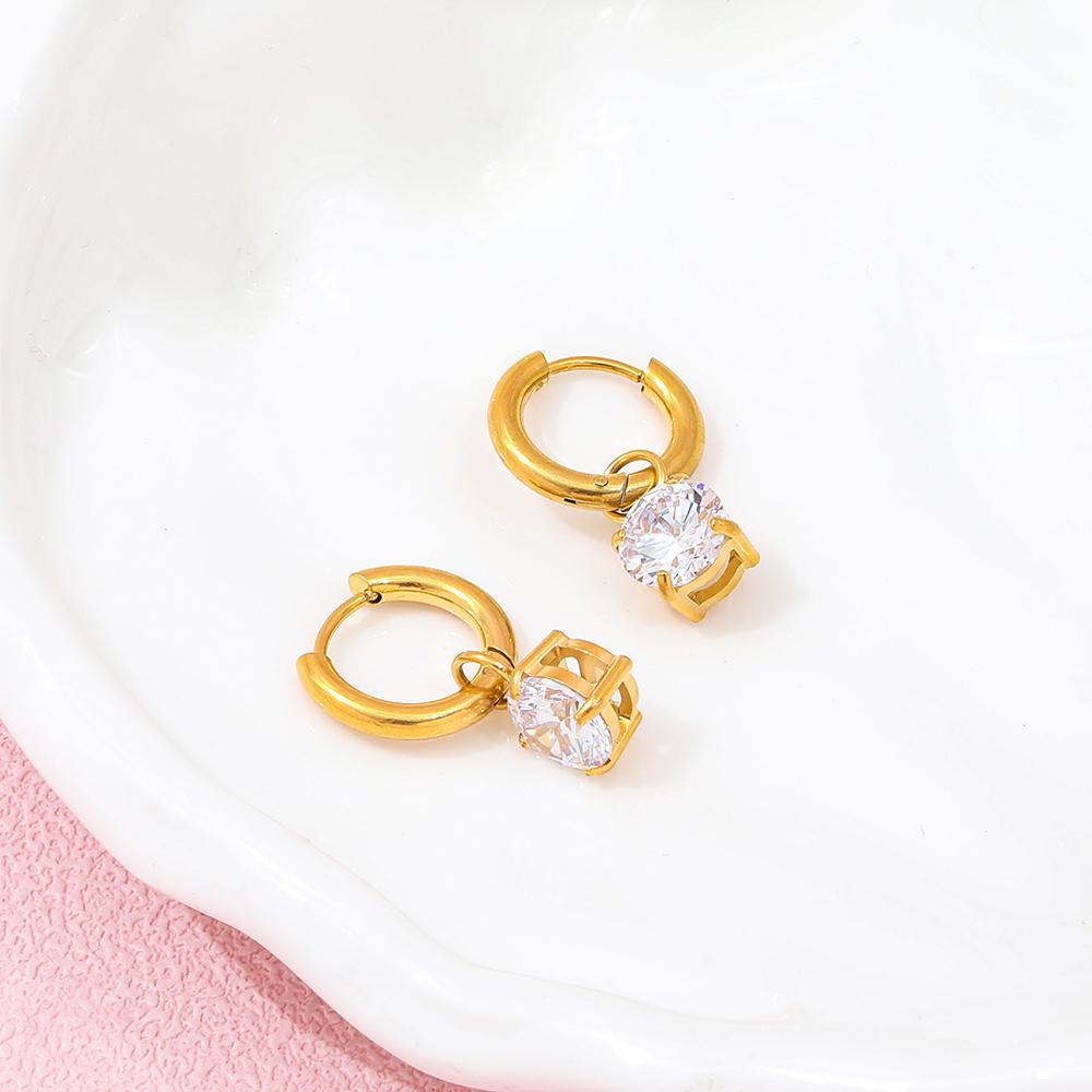 High End 18K Gold Plated PVD Single Round Zirconia Pendant Huggie Earrings Trendy Stainless Steel Fashion Jewelry-