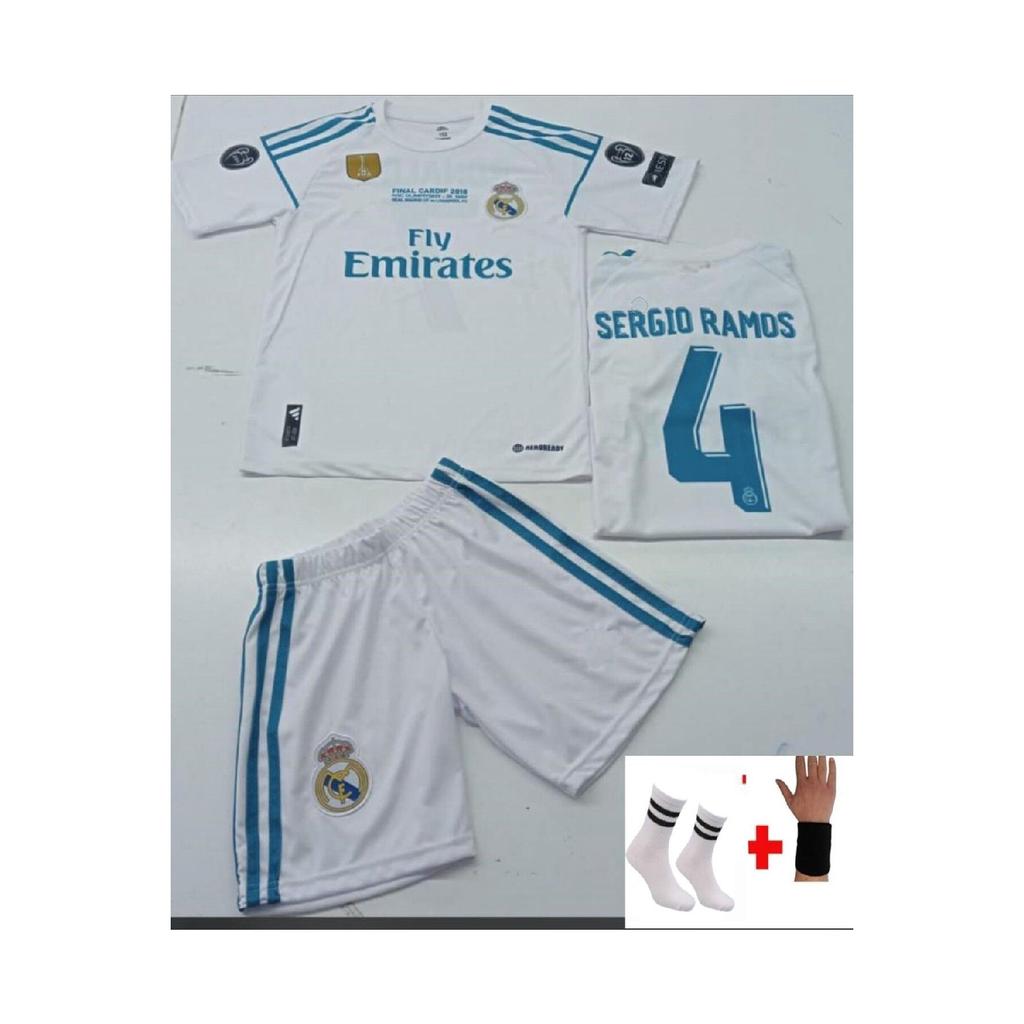 Set de 4 tricouri de fotbal pentru copii Sergio Ramos 2017-2018 Liga Campionilor alb