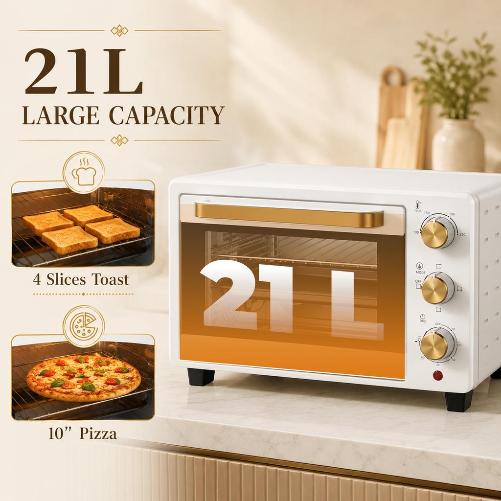Mini Oven 21L Countertop Electric Grill Adjustable Temp 1400W White