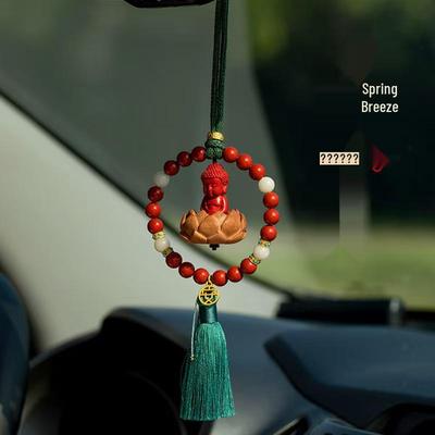 Lotus Cinnabar Guanyin Buddha Rearview Mirror Pendant with Ruyi Peach Wood for Car Interior (Unisex)
