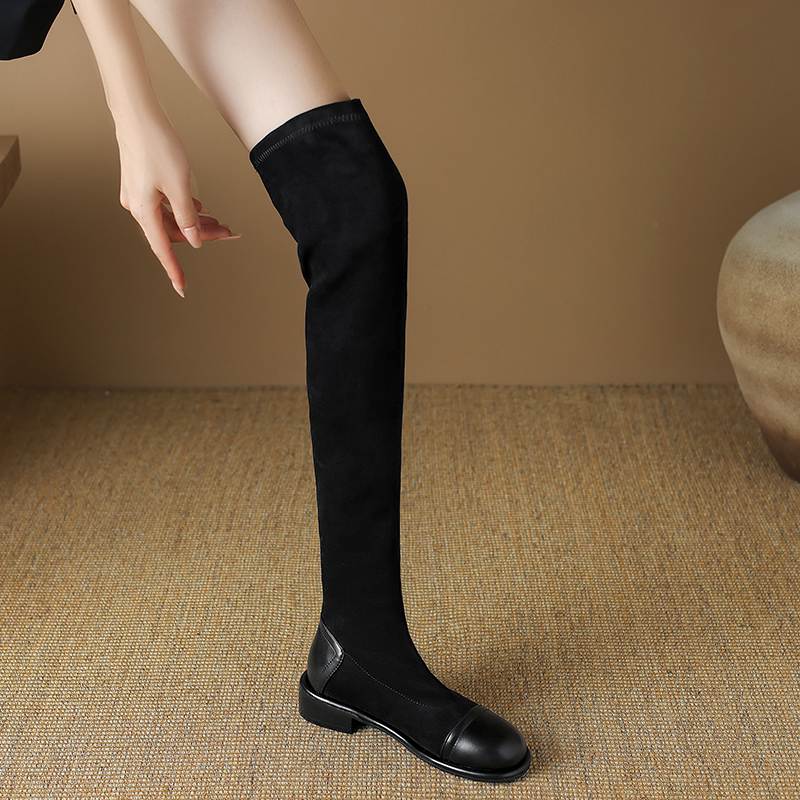 Krazing Pot Flock Autumn Winter Shoes Low Heels Size 43 Long Boots Slip On Stretch Over-the-knee Boots